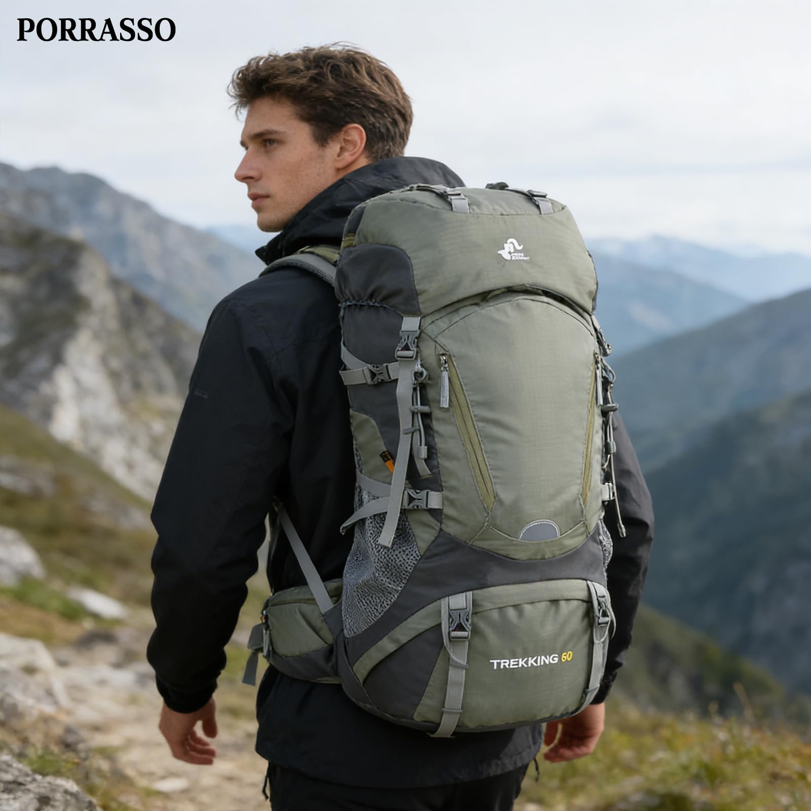 60L Zaino Outdoor Zaino da Trekking Grande Zaini Resistente con Copertura per la Pioggia Donna Uomo Backpack per Escursionismo Campeggio Arrampicata Viaggio Verde