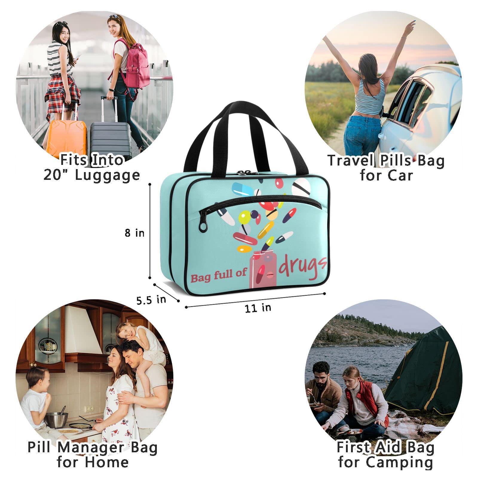 Naanle Pill Organizer Bag Travel Pill Bottle Medicine Organizer Home Storage Medication Bag for Vitamin Supplements, Colorful Pills Empty First Aid Bag for Car Camping, 1.0 Count