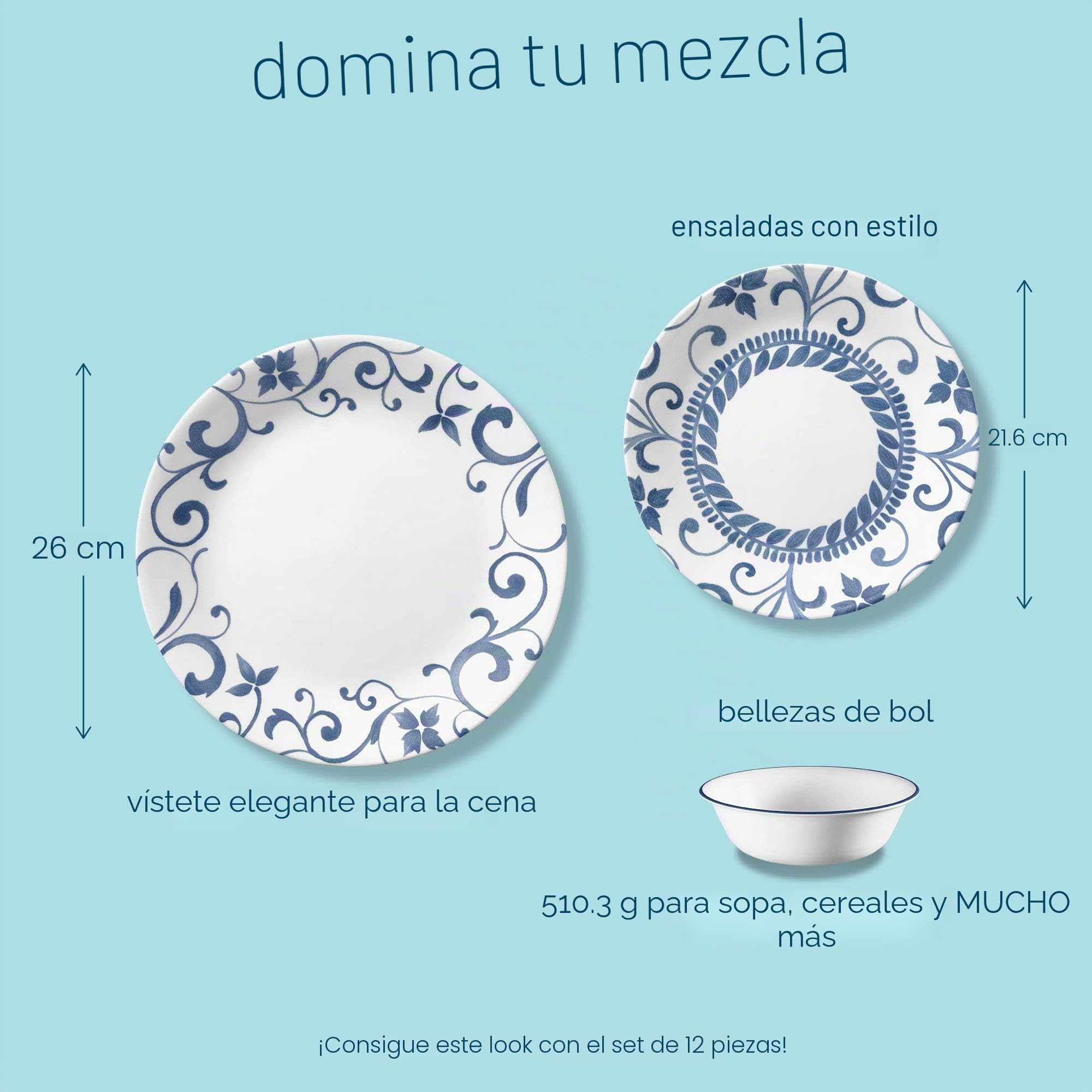Corelle 3516 Vajilla de 12 piezas para 4, resistente a los astillados, vidrio, Artemis, Vitrelle