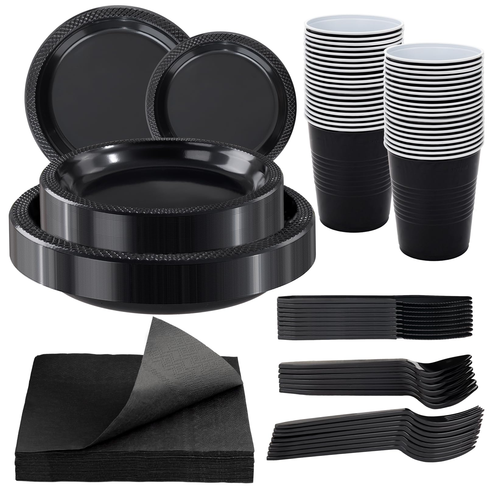 WELLIFE 210 PCS Black Plastic Plates for 30 Guests - Disposable Dinnerware Set Including Dinner Plates, Dessert Plates, 12oz Cups, Cutlery & Napkins,