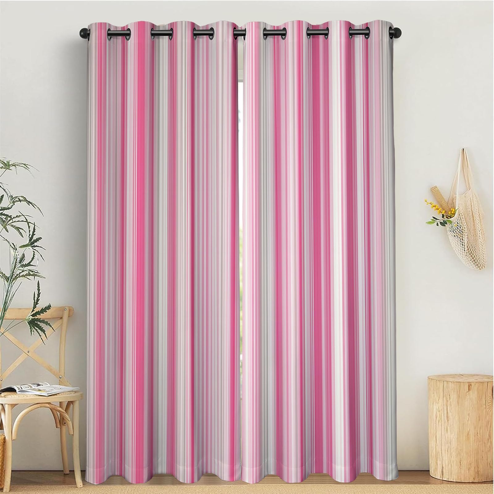 Rideaux occultants 3D rose et blanc rayures moderne 140x200cm pour isolation phonique de chambre