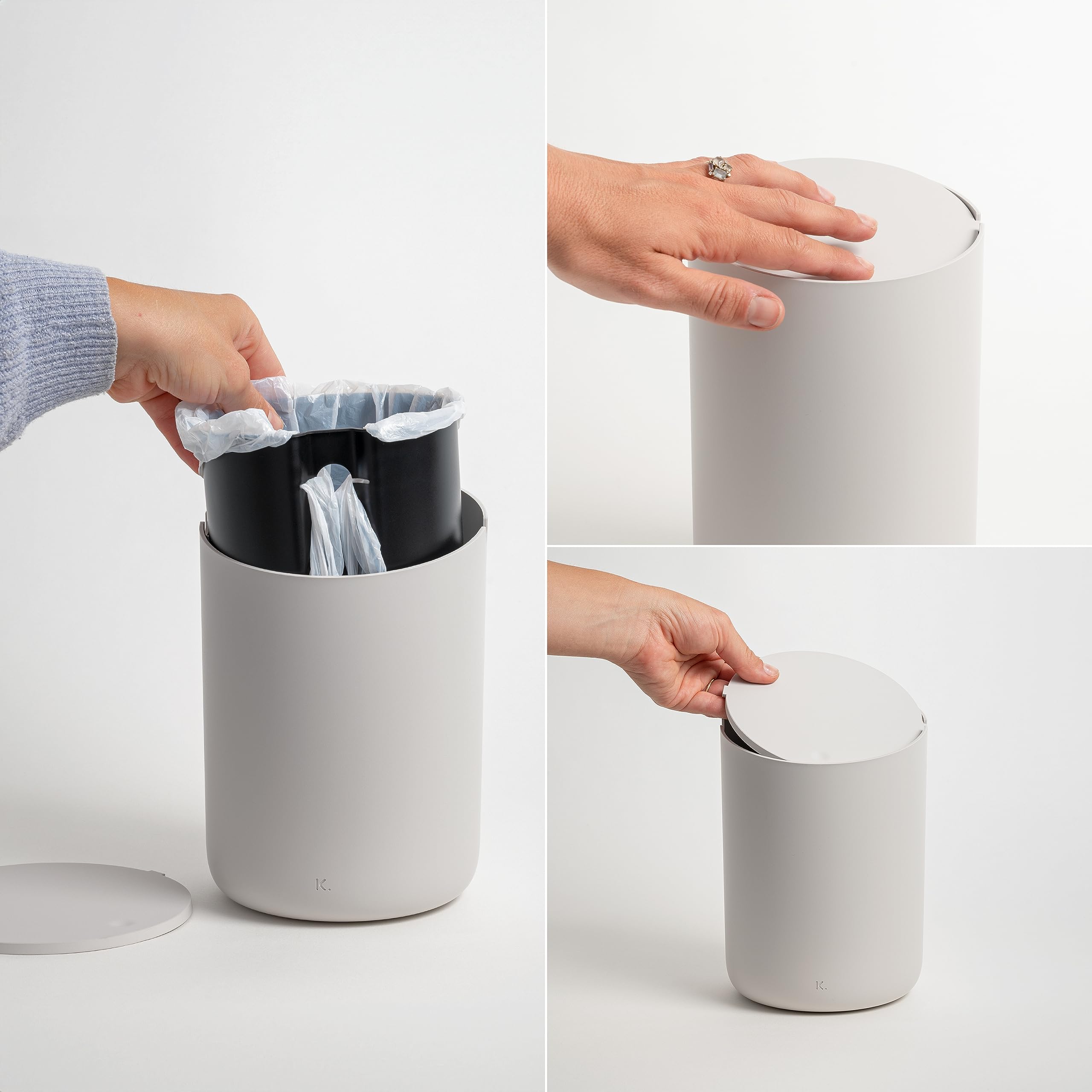 Kazai.® Mały Kosz na Śmieci 'Tove' - Ekskluzywny Miniaturowy Kosz Projektowy z Berlina | Do Łazienki, Kuchni i Biurka | Pojemność 1,5L, Antypoślizgowy, Wewnętrzny Kosz | Taupe (jasny)