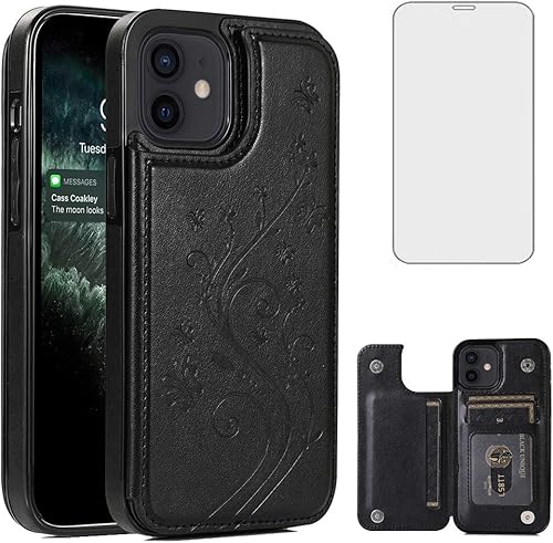 Asuwish Funda compatible con iPhone 12 Pro iPhone12 6.1, protector de pantalla de vidrio templado, tarjetero y cartera, funda de cuero para iPhone