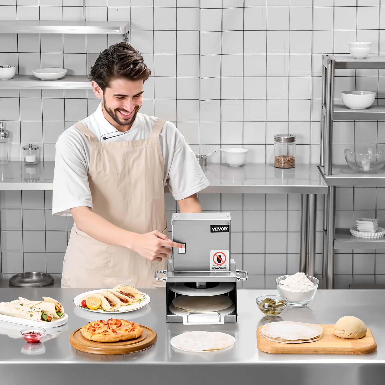 VEVOR Macchina per Pressatura della Pasta per Pizza Elettrica in Acciaio Inossidabile, Piastra per Pressatura della Pasta per Pizza, con Spessore Regolabile, con 100 Fogli di Carta da Forno