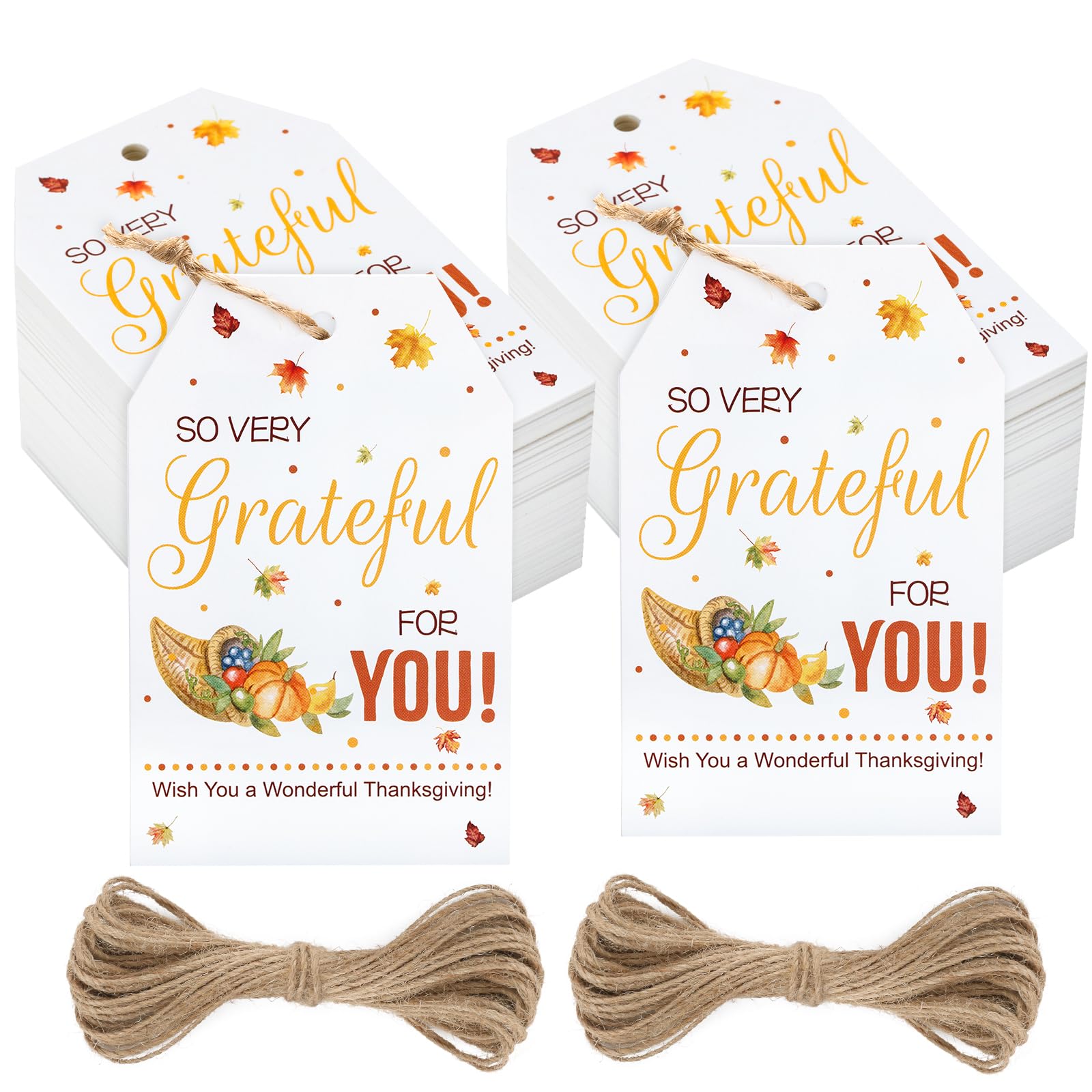 jijAcraft 100Pcs Happy Thanksgiving Gift Tags with String, Leaves Pumpkin Thanksgiving Tags, Grateful for You Thanksgiving Gift Tags, Vintage Fall Farmhouse Harvest for Thanksgiving Gift Wrapping