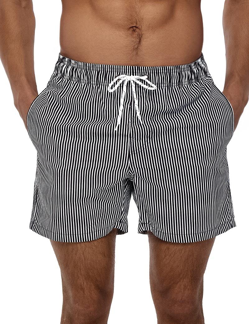 Mens Swimming Trunks 5 Inch Inseam Swim Shorts Summer Bathing Suit Swimwear Beachwear with Pockets, Black Striped, Large-image-14