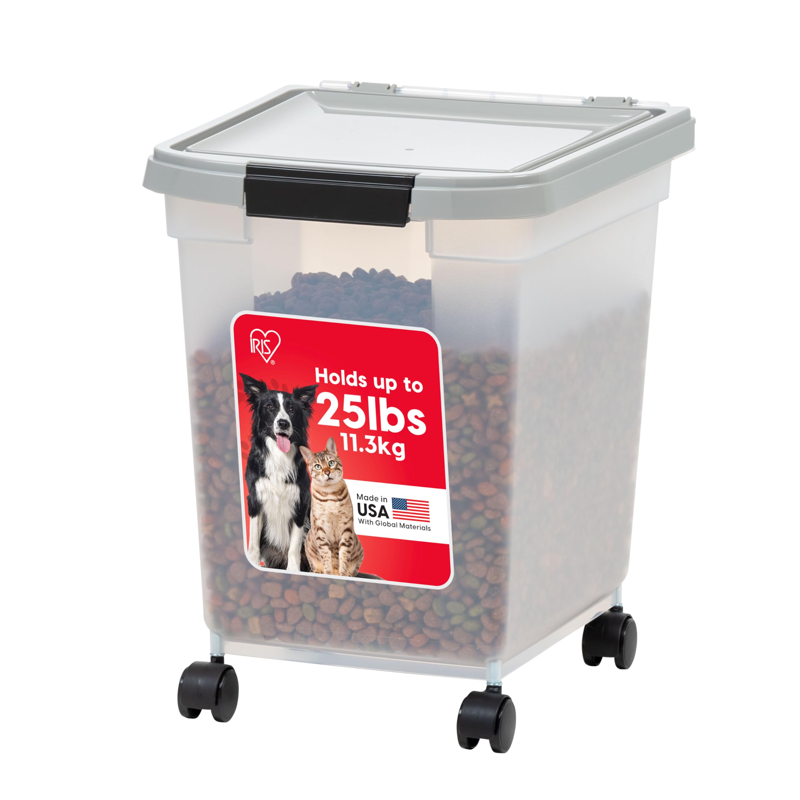 IRIS USA WeatherPro Airtight Dog Food Storage Container, Up to 25 lbs, Removable Wheels, for Dog Cat Bird and Other Pet Food Storage Bin, Keep Fresh, Translucent Body, Clear/Gray
