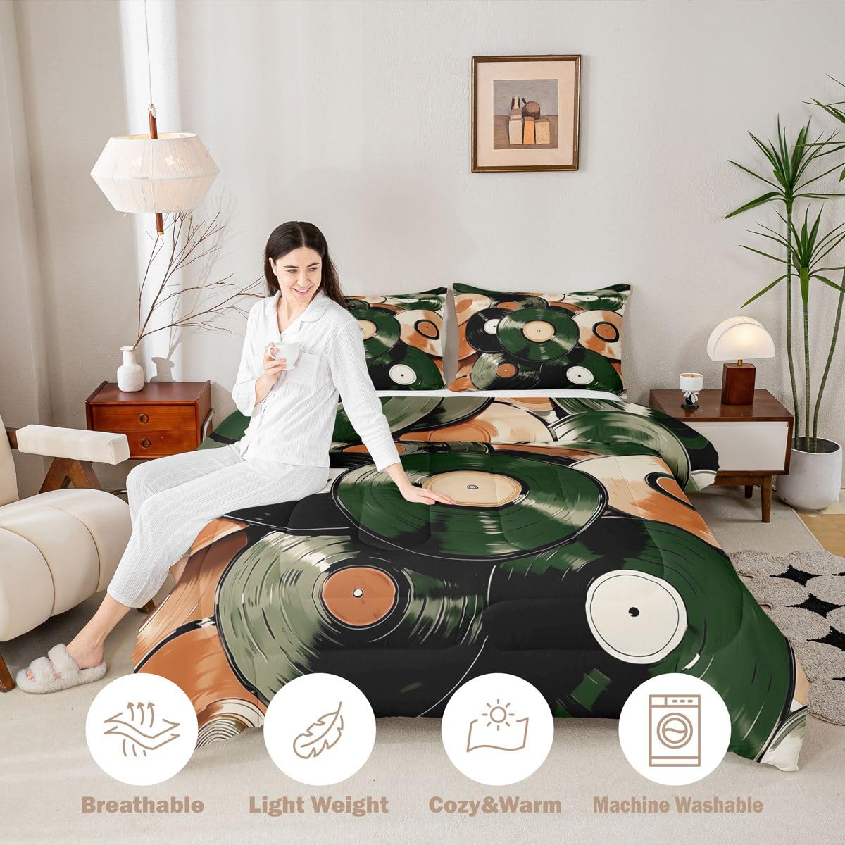Homewish Set di biancheria da letto king size, motivo: dischi in vinile vintage, set copripiumino semplice e alla moda, per amanti della musica