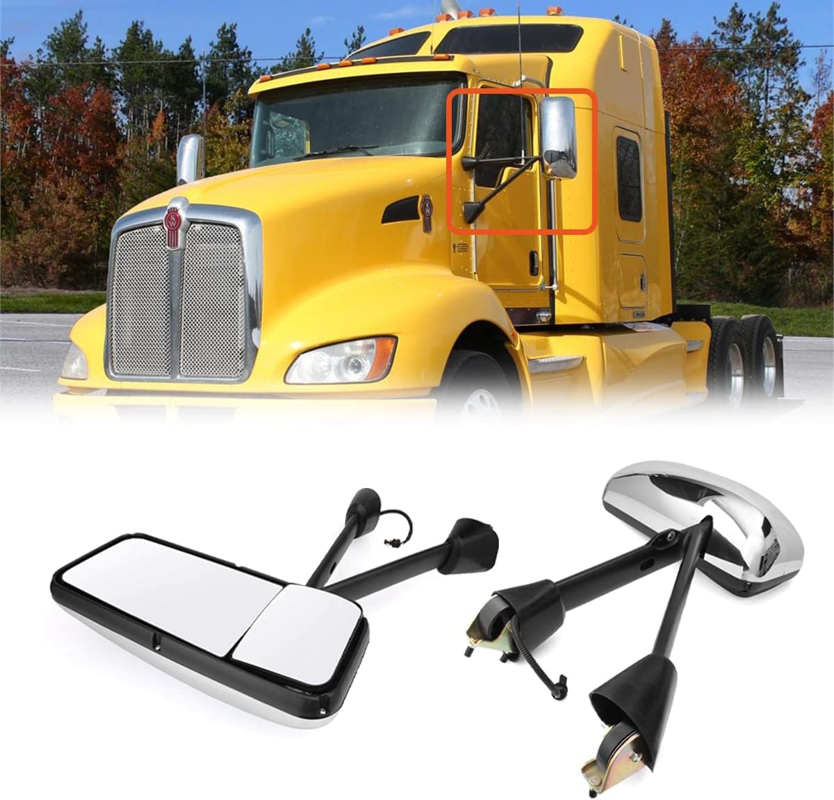 Chrome Heated & Motorized Door Mirror Assembly for KENWORTH T170 T270 T370 T440 T470 T660 T800 T600 Series Semi Trucks,Driver Side (Chrome,Left)