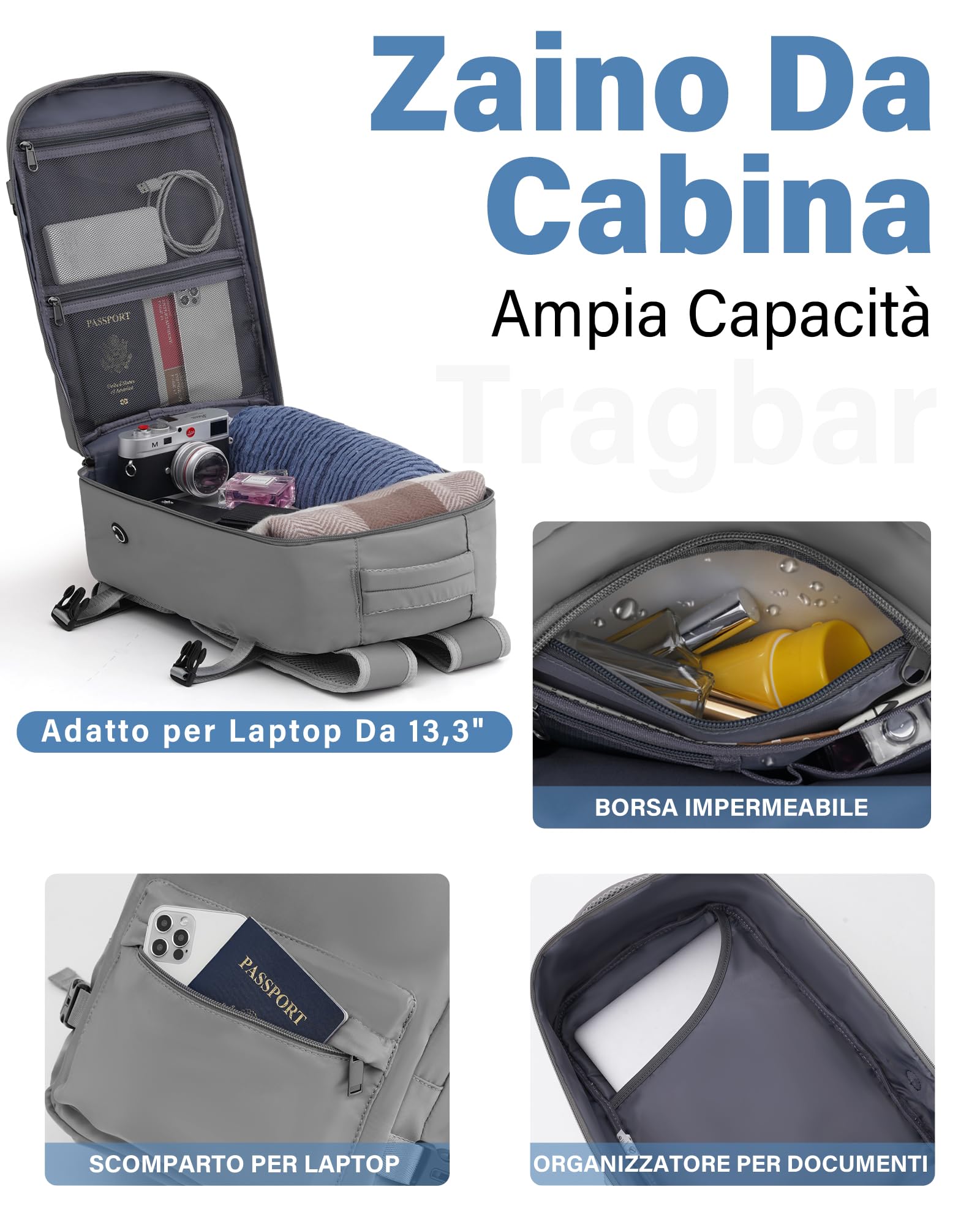 COOLIFE EasyJet Trolley Bagaglio a Mano 55x40x20 e Zaino da Imbarco 20L(40x25x20cm) Set di Valigie, Valigia Bagaglio a Mano, Chiusura a Combinazione Laterale con TSA per Ryanair