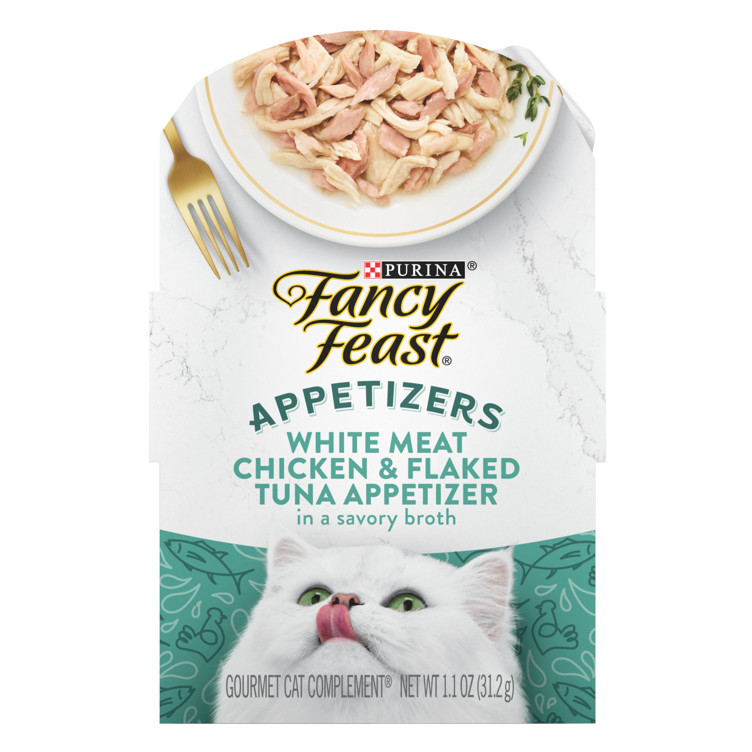 Purina Fancy Feast Appetizers Lickable Grain Free Wet Cat Food Topper White Meat Chicken and Flaked Tuna Appetizer - (Pack of 10) 1.1 oz. Trays