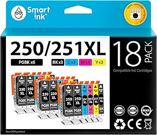 Smart Ink Compatible Ink Cartridge Replacement for Canon PGI 250 PGI-250 XL CLI 251 CLI-251 (6PGBK &3BK/C/M/Y 18 Pack Combo) for Pixma MG5420 MG5422 MG5520 MG5522 MG5620 MG6620 iP7220 iX6820 MX722 MX