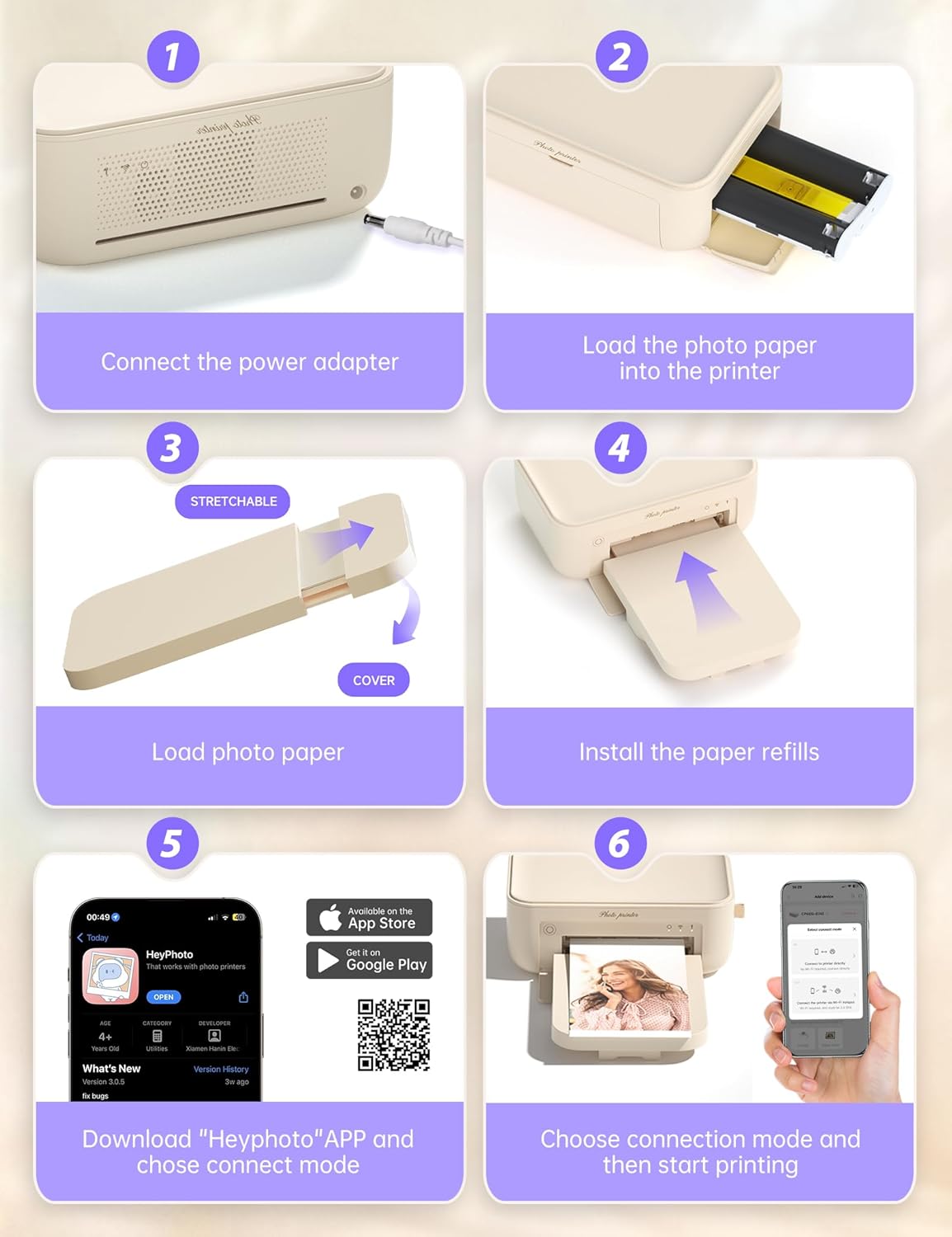 iDPRT 4x6 Photo Printer, CP4100 Instant Photo Printer for iPhone & Android with 108 Sheets & 2 Cartridges, Wireless Portable Picture Printer, 300DPi Thermal Dye Sublimation, Beige