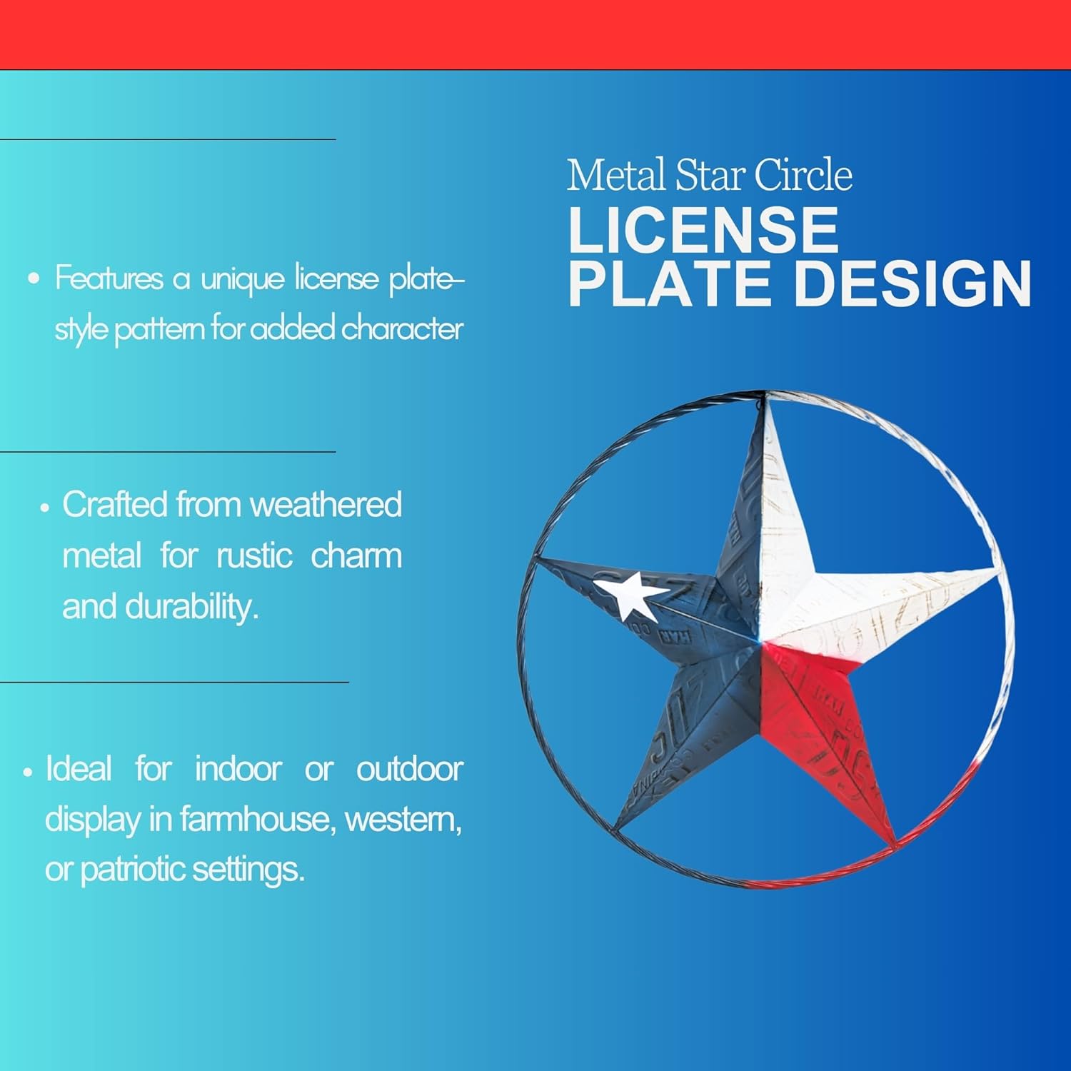 BestGiftEver Texas Star Metal Wall Decor – 24" Rustic Lone Star License Plate Style – Western Texas Wall Hanging – State-Themed Metal Circle Art for Patio, Living Room, or Garden