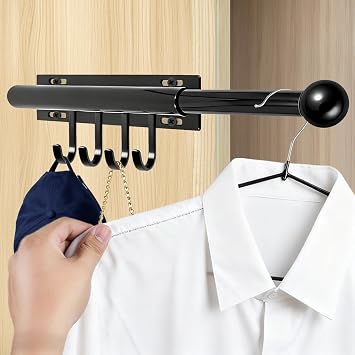 Valet Rod for Closets Pull Out, 12 Closet Valet Rod Slide Out Clothes Hanger with 4 Hooks for Closet Organization and StorageBlack