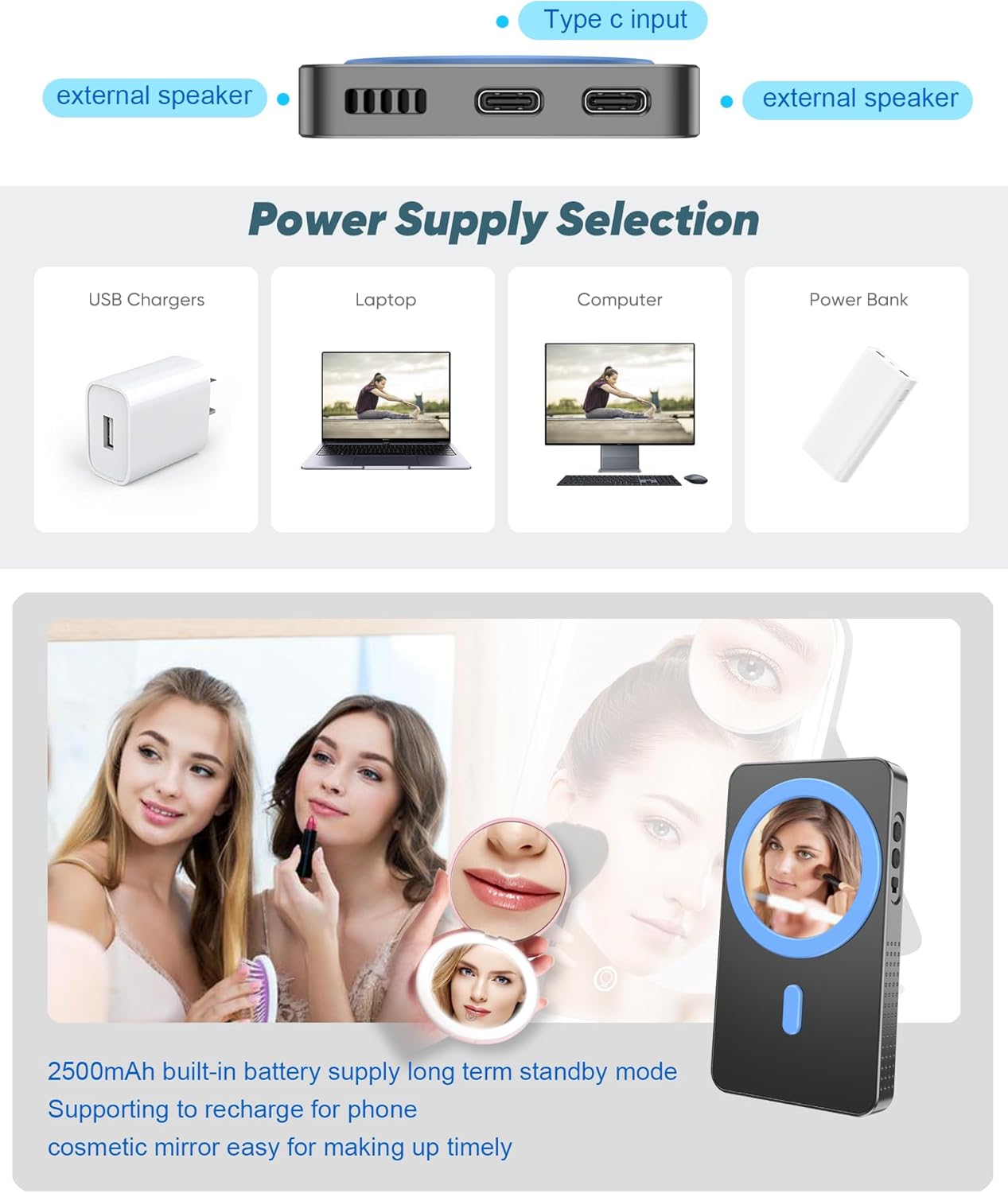 Vlog Selfie Monitor Screen, Wireless Back Camera Monitor iPhone with 2500mAh Battery & Makeup Mirror,Magnetic Mirroring Monitor Screen for Vlog Live Stream TikTok, Compatible with iPhone & Android