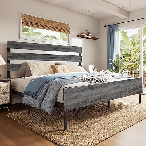 Miniatura 7 de Cama de plataforma de metal tamaño King con cabecero y estribo de madera, no necesita somier, fácil montaje, color blanco crema
