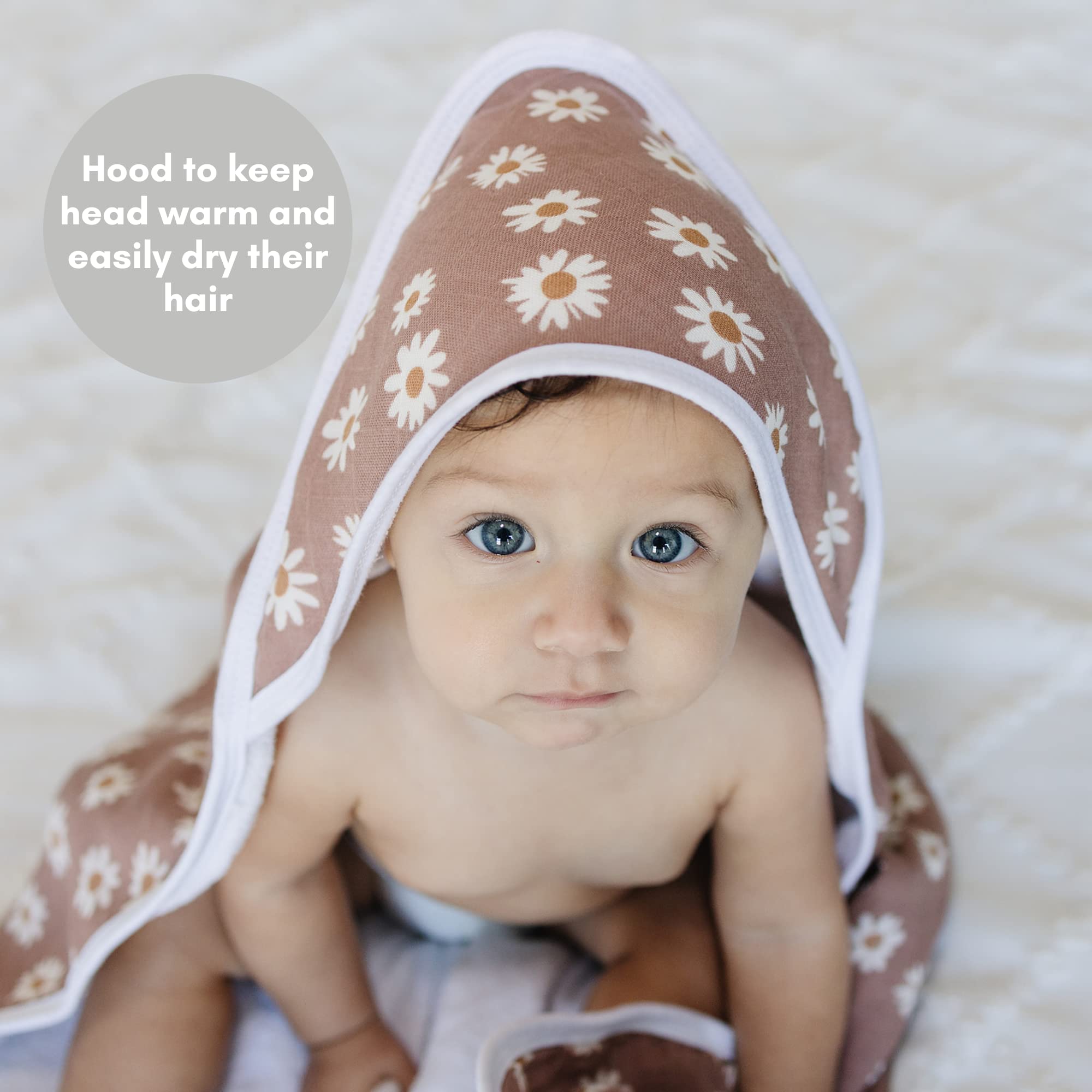 Mebie Baby Toalla con capucha de muselina, Daisy Dream, bonita toalla de baño con capucha para recién nacidos, bebés y niños pequeños, toallas modernas para bebé y niña, toallas de bebé con capucha