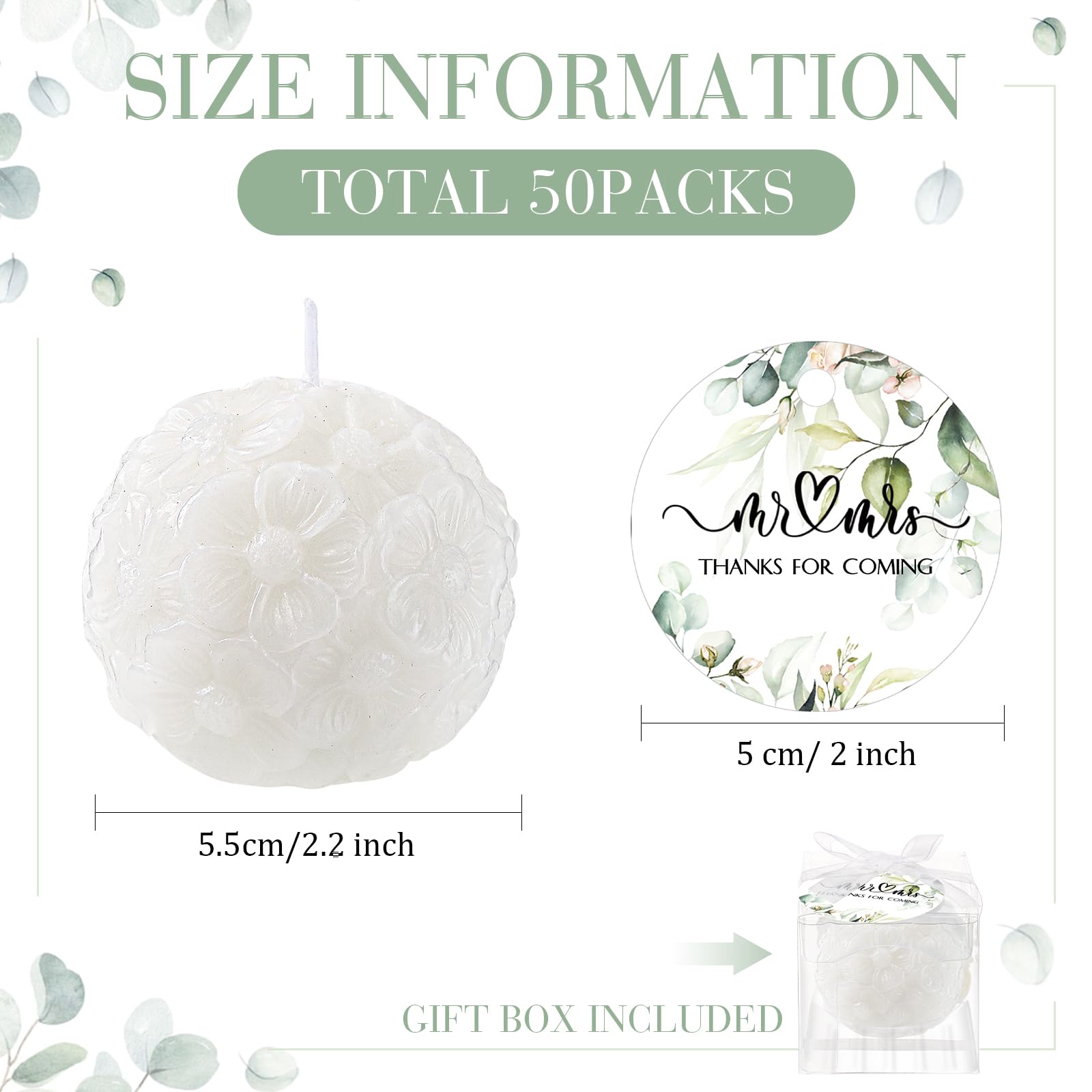 50 Stück Hochzeitskerzen-Set enthält 50 Hochzeits-Rosenballkerzen und 50 grüne Dankeskarten, Hochzeitsparty-Gastgeschenke für Gäste, Brautparty, Gastgeschenke, Hochzeitsrückgabe, Andenken