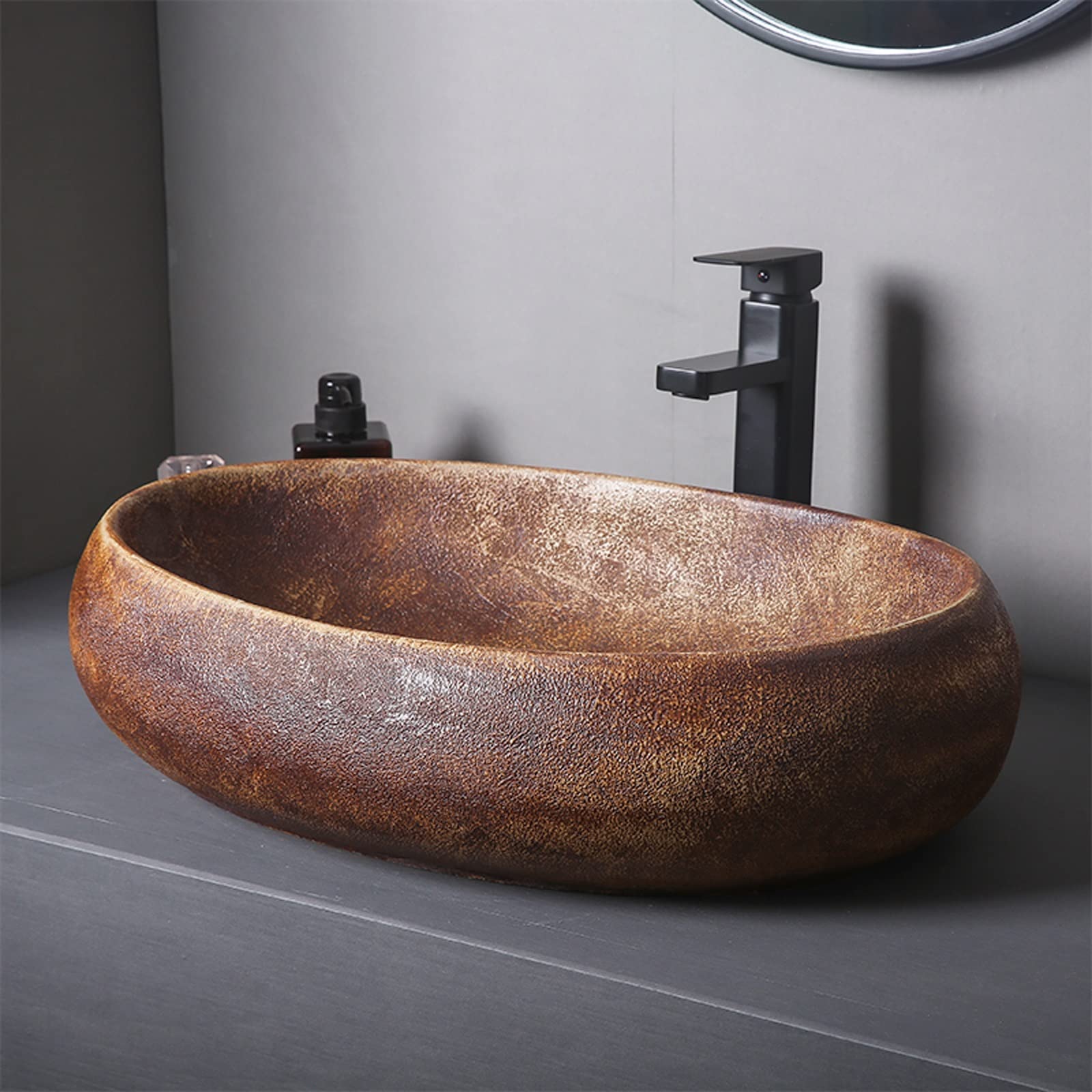 Sjdopulse Black Vintage Ceramic Vessel Sink, Oval Above Counter Artistic Sink Bowl With Faucet Pop-Up Drain, Bathroom Porcelain Art Wash Basin For Bar Lavatory Cloakroom