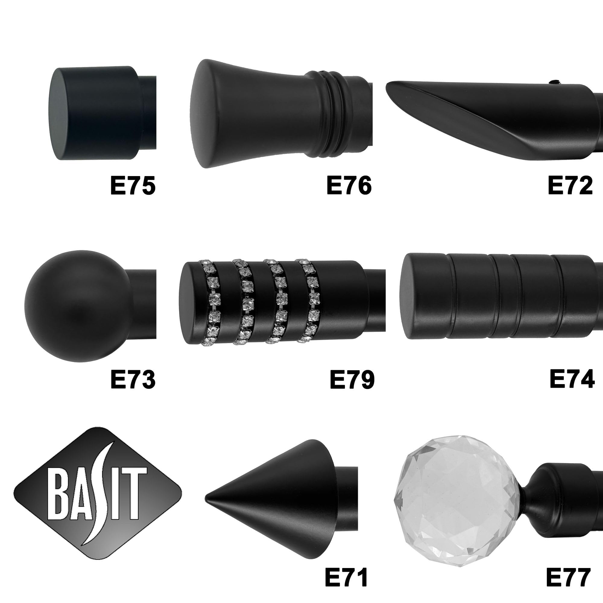 BASIT Gardinenstange schwarz 20mm 1-läufig Wand & Decke 360cm D32 | Komplettes Gardinenstangenset Wandmontage & Deckenmontage 120-600cm wählbar Metall Modell D32 Endstück E75 Kappe