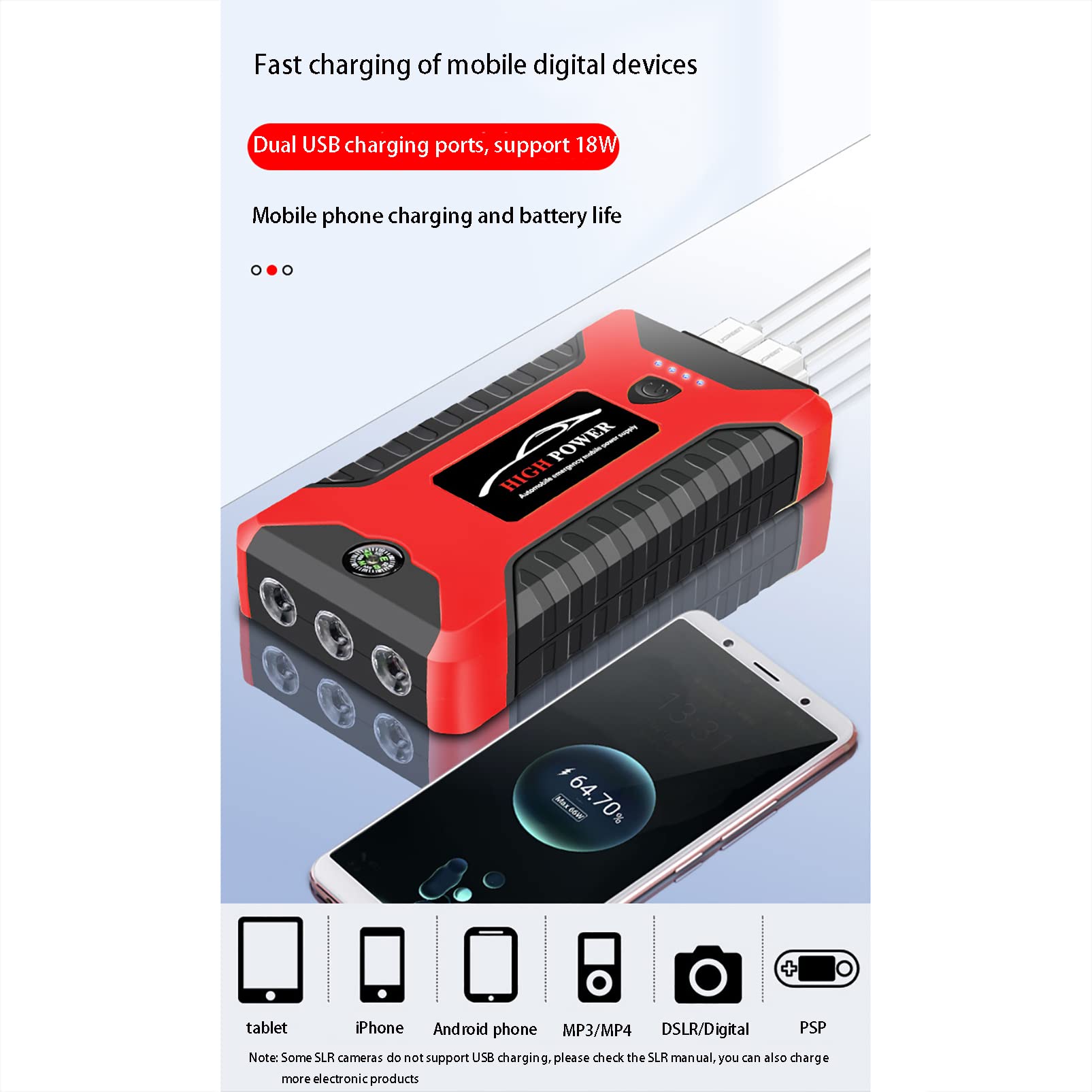 Arrancador de Batería de Coche, Portátil de Emergencia 12V Potenciador de Arranque Automático, Batería Externa, Cargador de Teléfono Móvil con Puerto USB