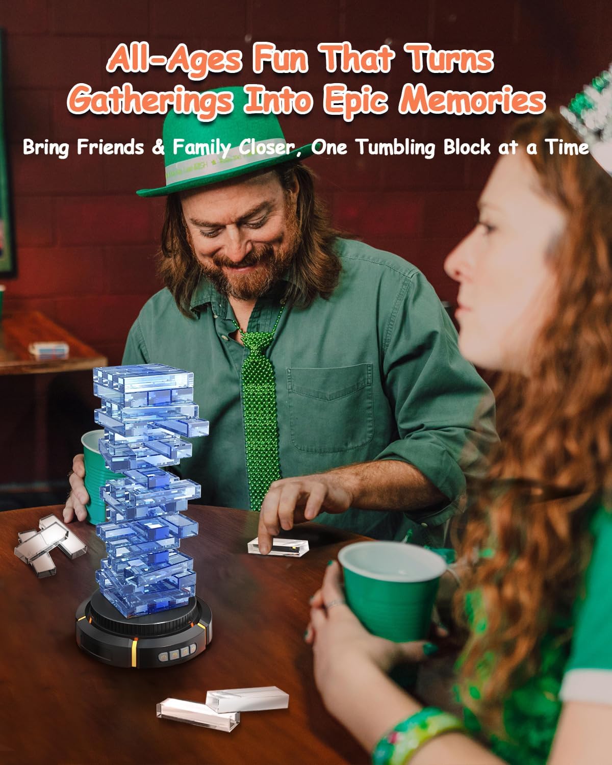 Glow in the Dark Tumbling Tower Game, Rotatable Base and Pickup RGB Lights, Acrylic Block, Stacking and Balance Fun for Kids and Adults, Indoor Board Game for Family Game Night & Party Fun, Ages 6+