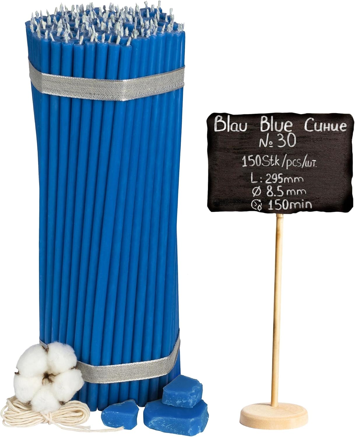 Church Beeswax Candles - 150 pcs. I Blue Ritual Candles L-11.6 in, Ø-0.33 in I 150 min Burning time