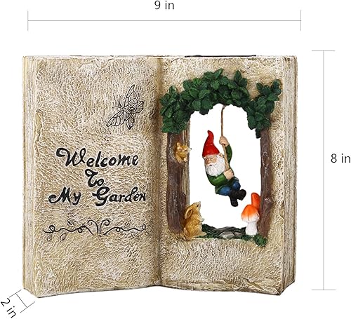 Miniatura 7 de Estatua de gnomo de jardín para exteriores, energía solar, libro solar, estatua de casa, columpio de gnomo en árboles, bienvenido a mi jardín