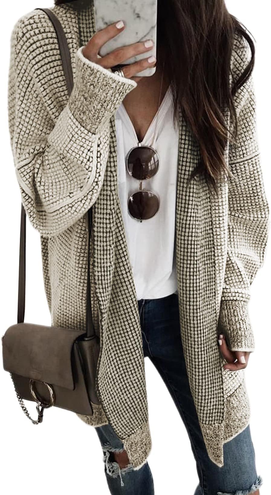 Womens 2025 Fall Outfits Long Sleeve Open Front Cardigan Sweaters Oversized Checkered Chunky Knit Sweaters Coat