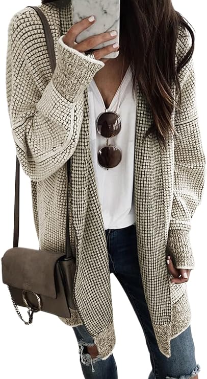 Sidefeel Womens 2024 Fall Long Sleeve Open Front Cardigan Oversized Checkered Chunky Knit Sweaters Coat