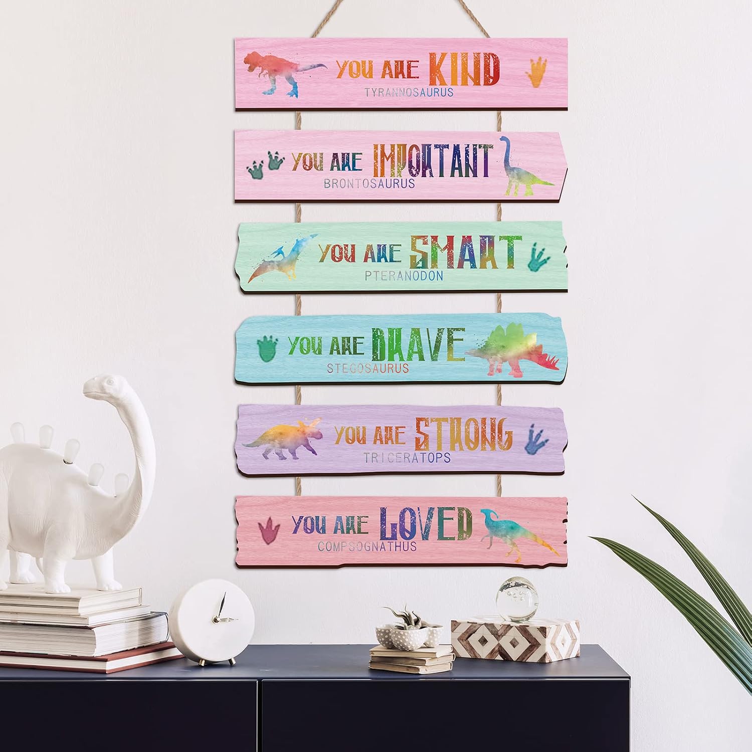 Yookeer Set of 6 Watercolor Dinosaur Wall Art Decors Rustic Wooden Motivational Wall Hanging Plaque Sign Your Are Kind Strong Brave Positive Sign for Home Bedroom Living Room Decorations
