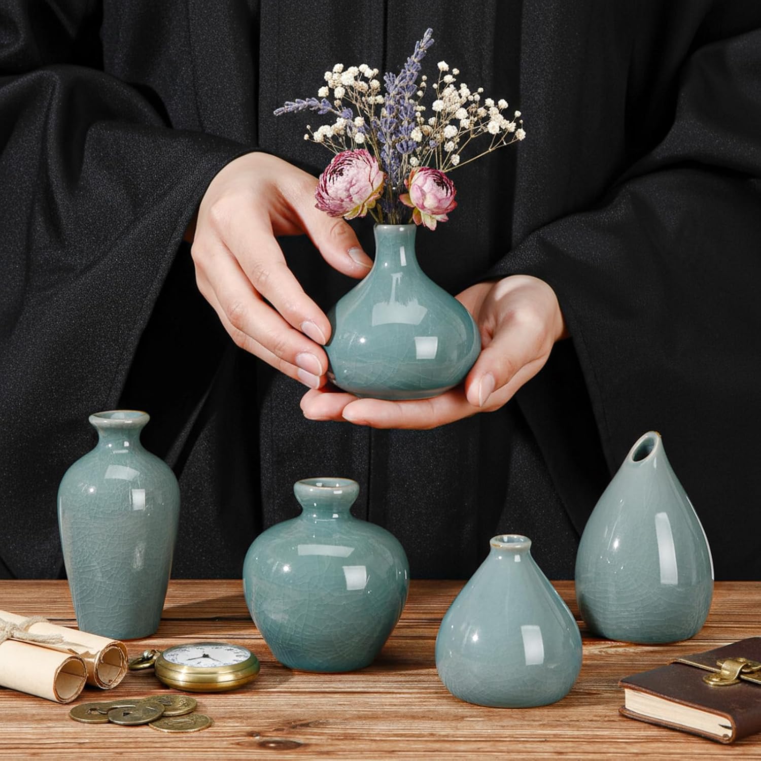 6 Pcs Green Mini Ceramic Bud Vase Vintage Flower Vases Ice Cracked for Farmhouse Rustic Boho Style Table Shelves Home Office Decor Gifts(Classical,Green) - Image 6