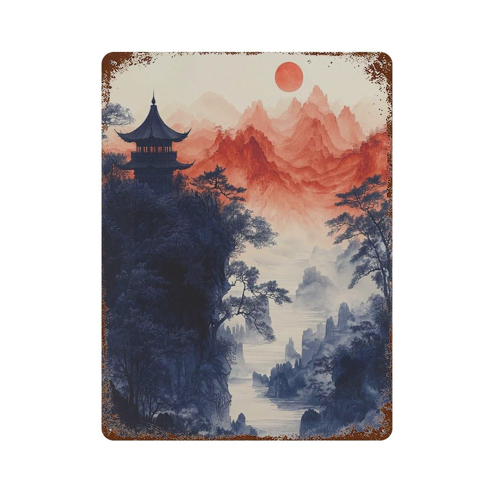 xiaoxiaoshen Japanese Pagoda Mountain Red Sun Asian Landscape Temple Nature Vertical Ink Styl Wall Decor Art Metal Tin Poster Modern Home Decor Art Home Bar Shop Decorations Vintage Sign 40x30cm