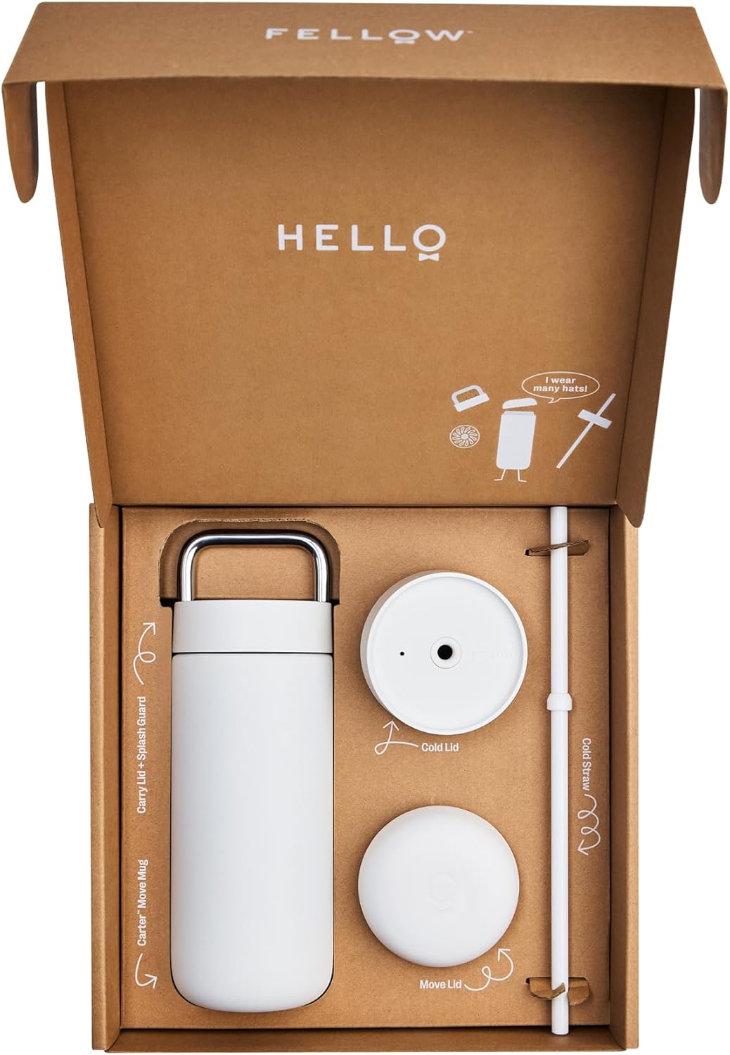 Fellow 16 oz Carter Bundle (3 in 1) Travel Mug with Carry Handle, Move & Cold Lids with Straw - To-Go Coffee Tumbler, Ceramic Interior & Vacuum-Insulated Stainless Steel - Coffee Cups-Matte White - Image 5