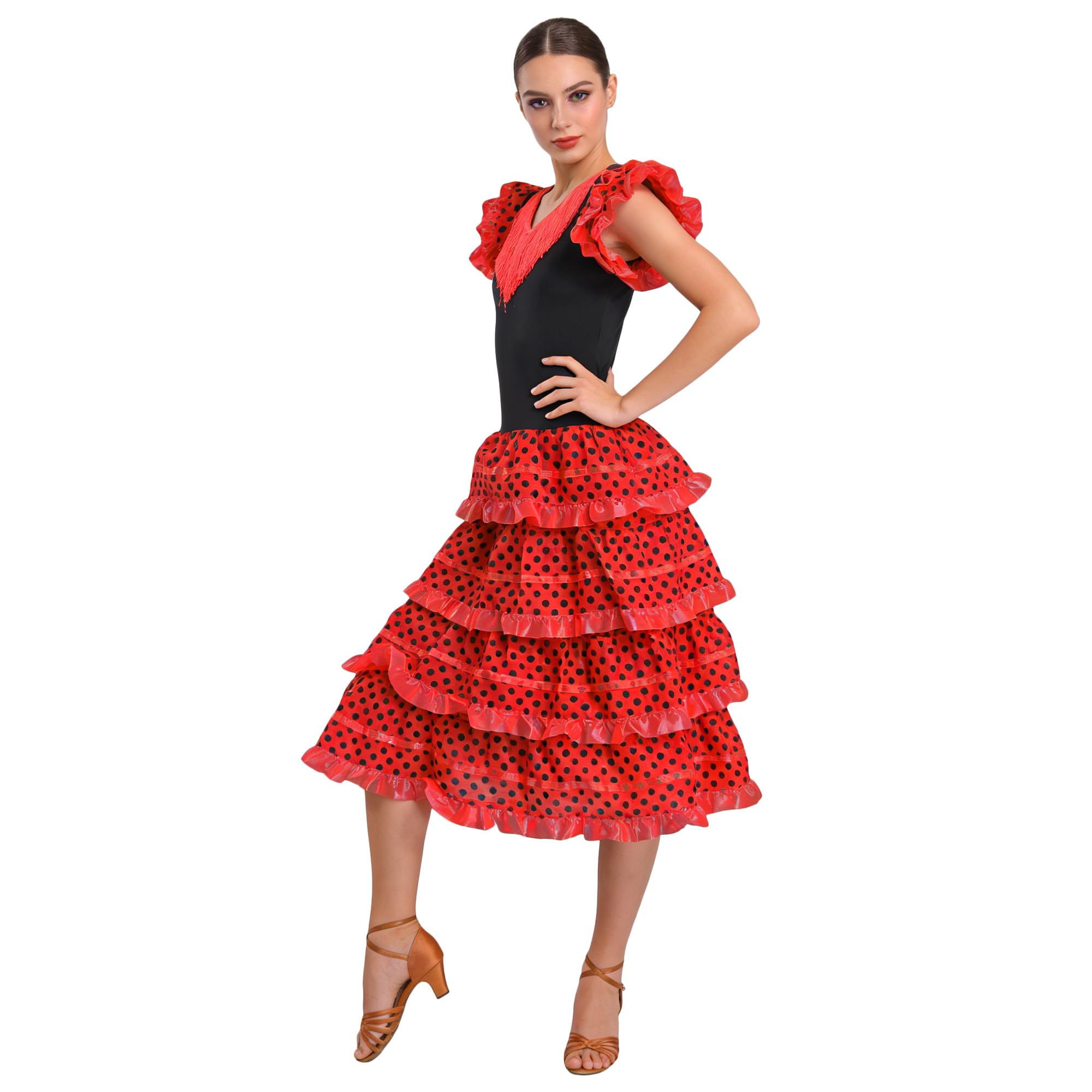 Wildarms Vestido Flamenca Mujer Disfraz Sevillana Traje Andaluz Cordobés con Volantes para Feria de Abril Sevilla Baile Flam - variaciones