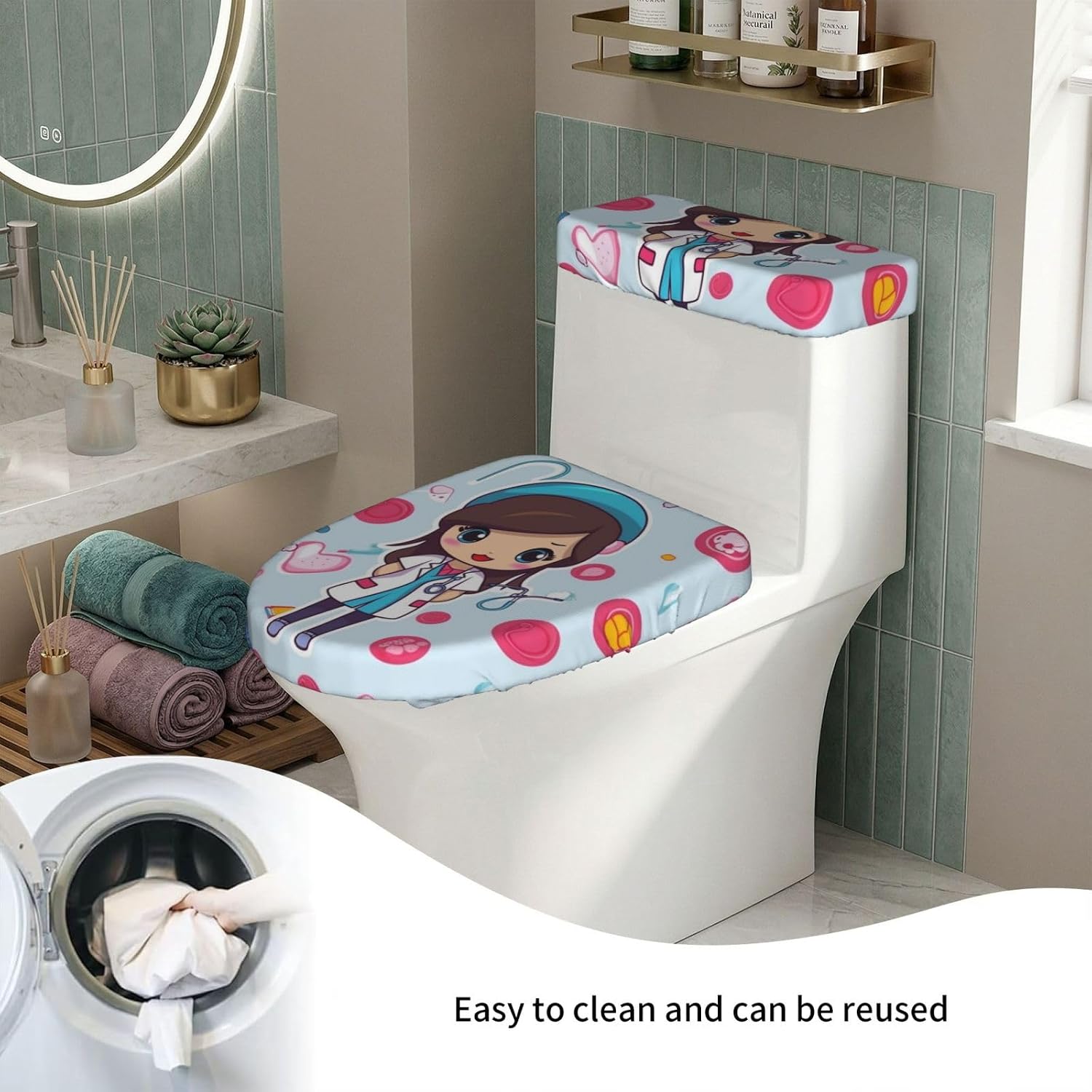 Cute Nurse Toilet Tank Cover And Toilet Lid Cover Set Stretch Bathroom Toilet Lid Seat Cover