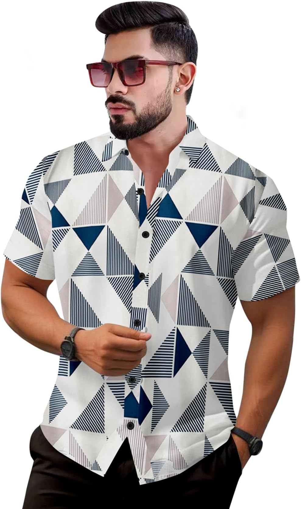 Men's Premium Geometric Triangle Pattern Digital Print Branded Stretchable Fabric Half Sleeve Cut Away Collar Casual Shirt