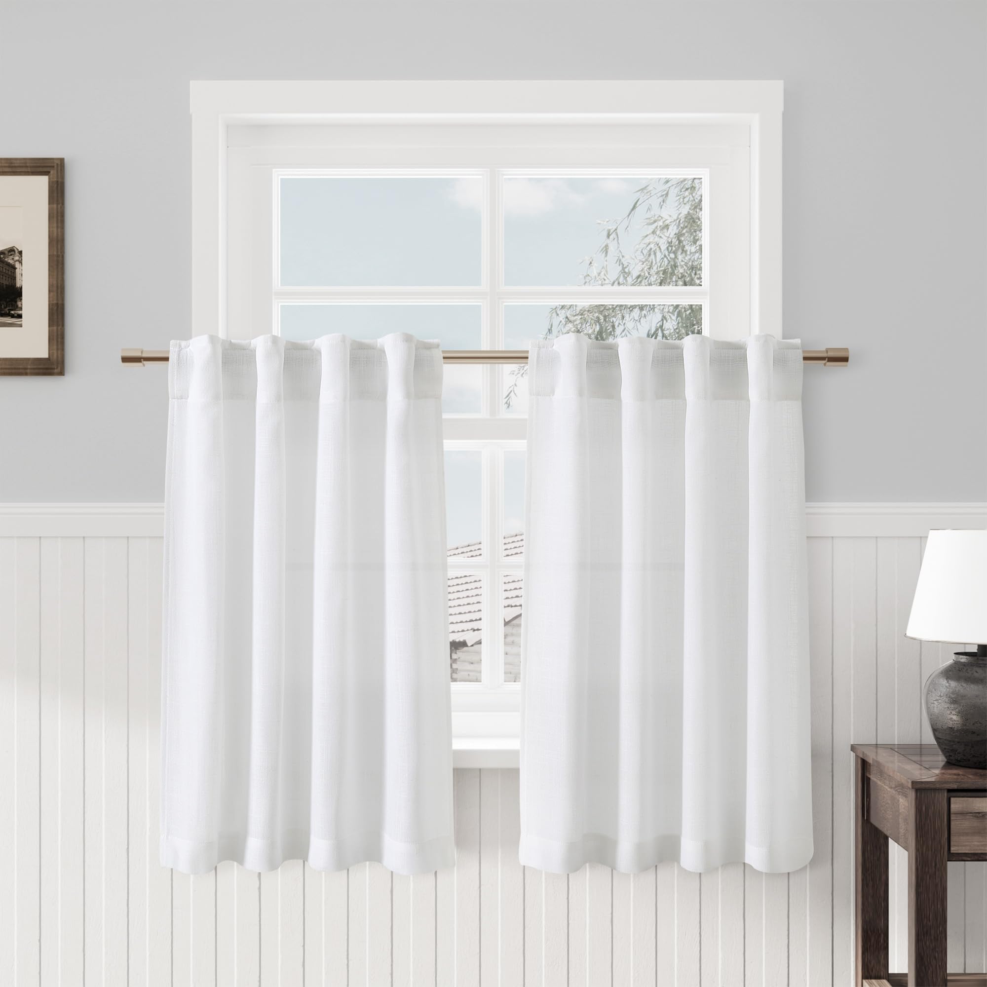 Rideaux Courts Cuisine - Lot De 2, Polyester Semi-transparent, 76x60 Cm, Passe-tringle - Style Campagne Pour Petite Fenêtre, Salon, Bistrot