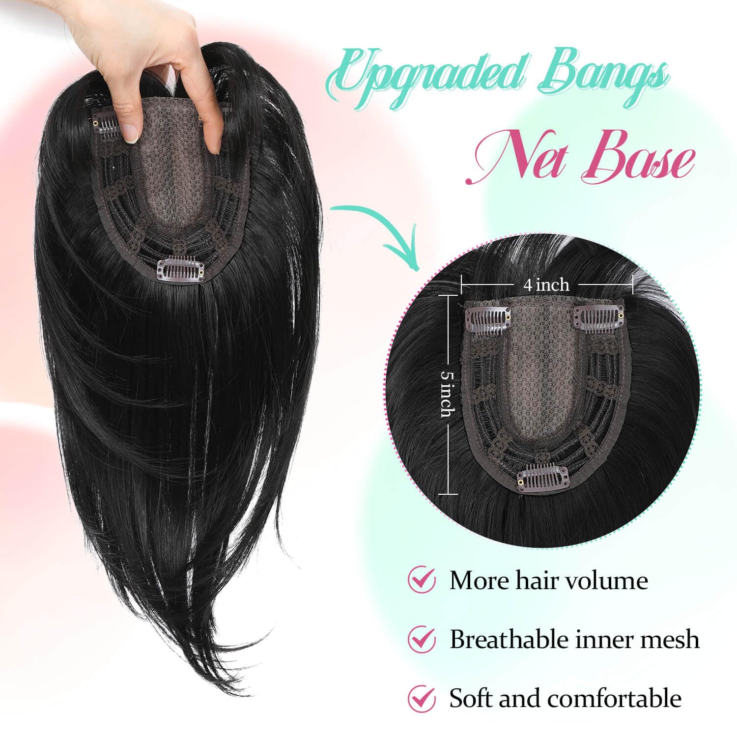 Peonymebeauty 3D Cover Bangs Hair Toppers for Thinning Hair 4"X5" Base Topper with Fringe Heat Resistant Synthetic 12 Inch Natural Straight Short Bob Hairpieces for Women Daily Wear(Natural Black) - Image 4