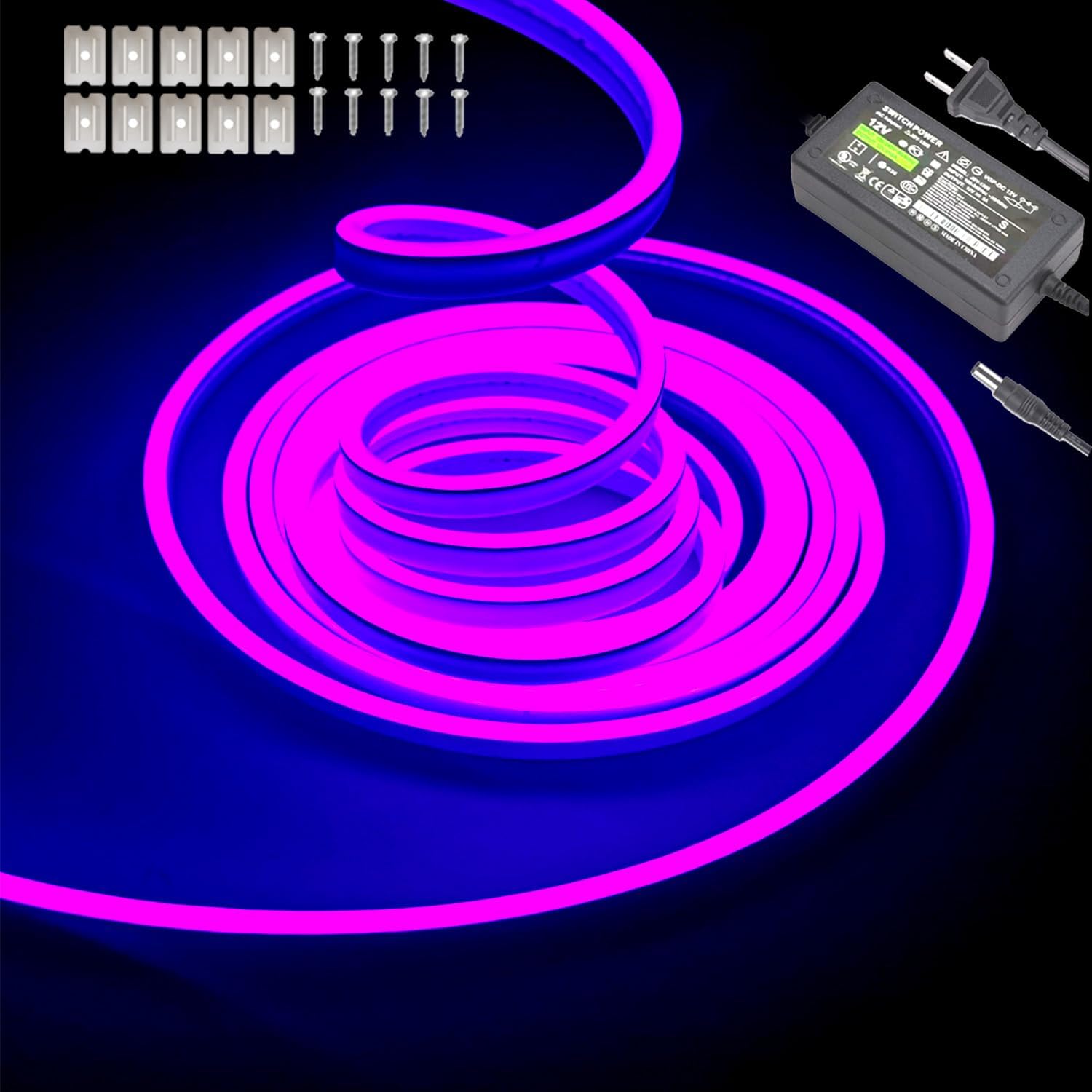 5M 12V Purple Neon LED Strip Lights，DC 600 SMD2835 LEDs Waterproof for Home Decoration.(Includes Power Adapter)