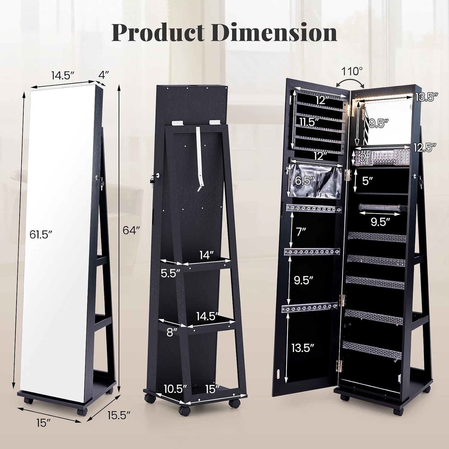 GOFLAME Jewelry Cabinet with Full Length Mirror, Lockable Jewelry Storage Organizer with Wheels, 3-Color LED Lights, Inner Mirror, Freestanding Jewelry Armoire with Rear Storage Shelves, Black