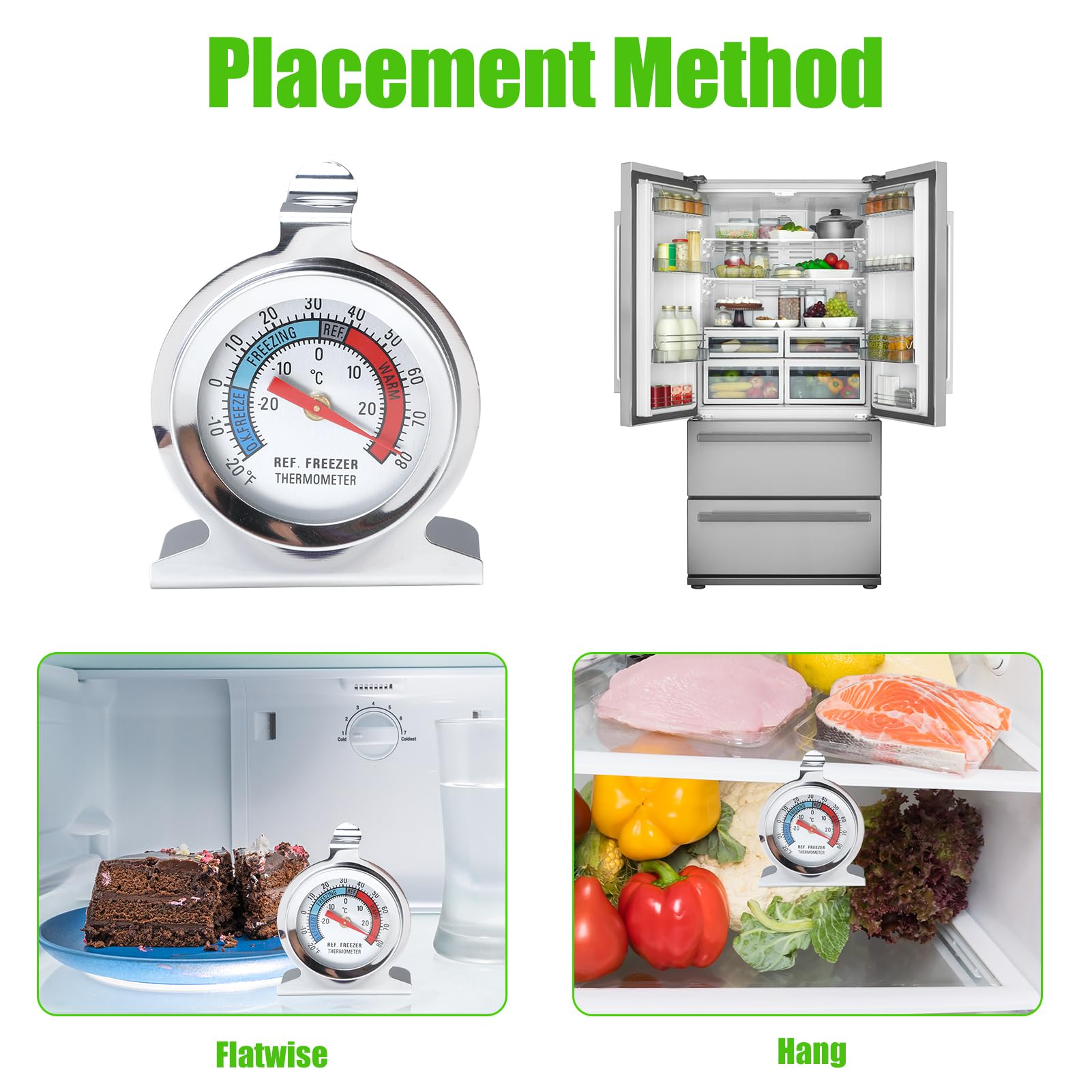 Stainless Steel Dial Fridge & Freezer Thermometer - 4 Pack With Hanging Hook And Retractable Stand