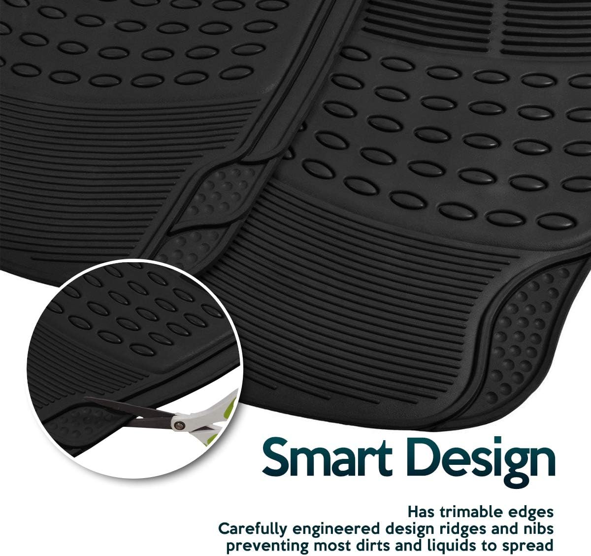 ZONETECH All Weather Rubber Semi Pattern Car Interior Floor Mats – 4-Piece Set Black Heavy Duty Car Interior Floor Mats