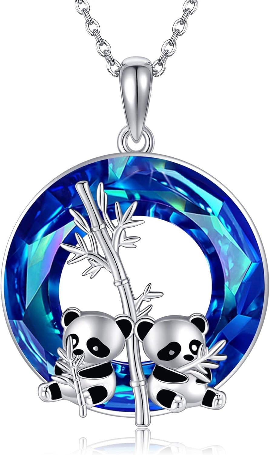 YAFEINI Panda Necklace S925 Sterling Silver Panda Bamboo Pendant Necklace with Blue Crystal Cute Animal Jewelry Gifts for Women Panda Lovers