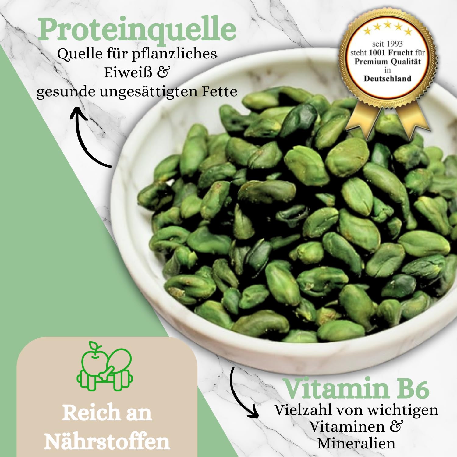 1001 Frucht - Pistazien geschält 1000 g naturbelassen, Grüne Pistazien ohne Schale gentechnikfrei, geeignet für Dubai schokolade, Ungesalzene Pistazienkerne ohne Zusätze
