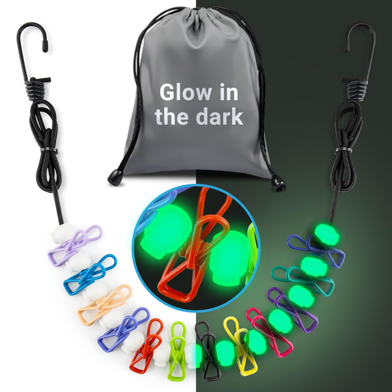 Retractable Travel Clothesline - Glow in The Dark Portable Clothes Line - 12ft/4m Camping Clotheslines for Outside, Hotel Room or Cruise - Laundry