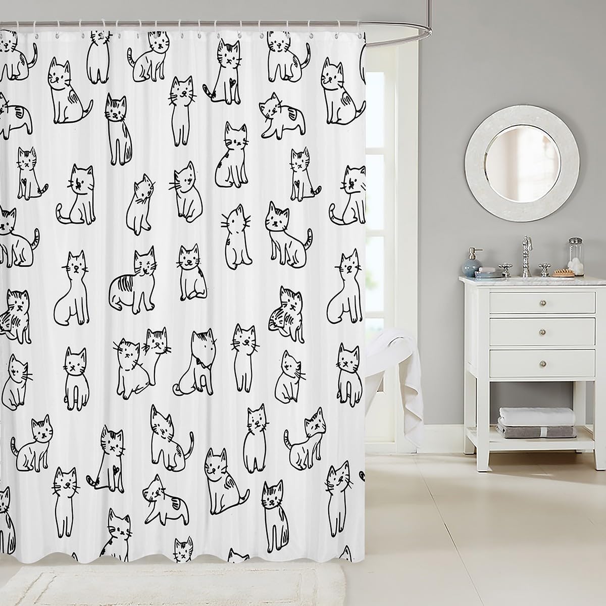 Cute Cats Shower Curtains,Kawaii Kitten Cartoon Animals Print Bath Curtain,Lovely Family Pet Black Hand Sketch Waterproof Fabric Curtain with Hooks Bathroom Decor, 72Wx72L inch image 2
