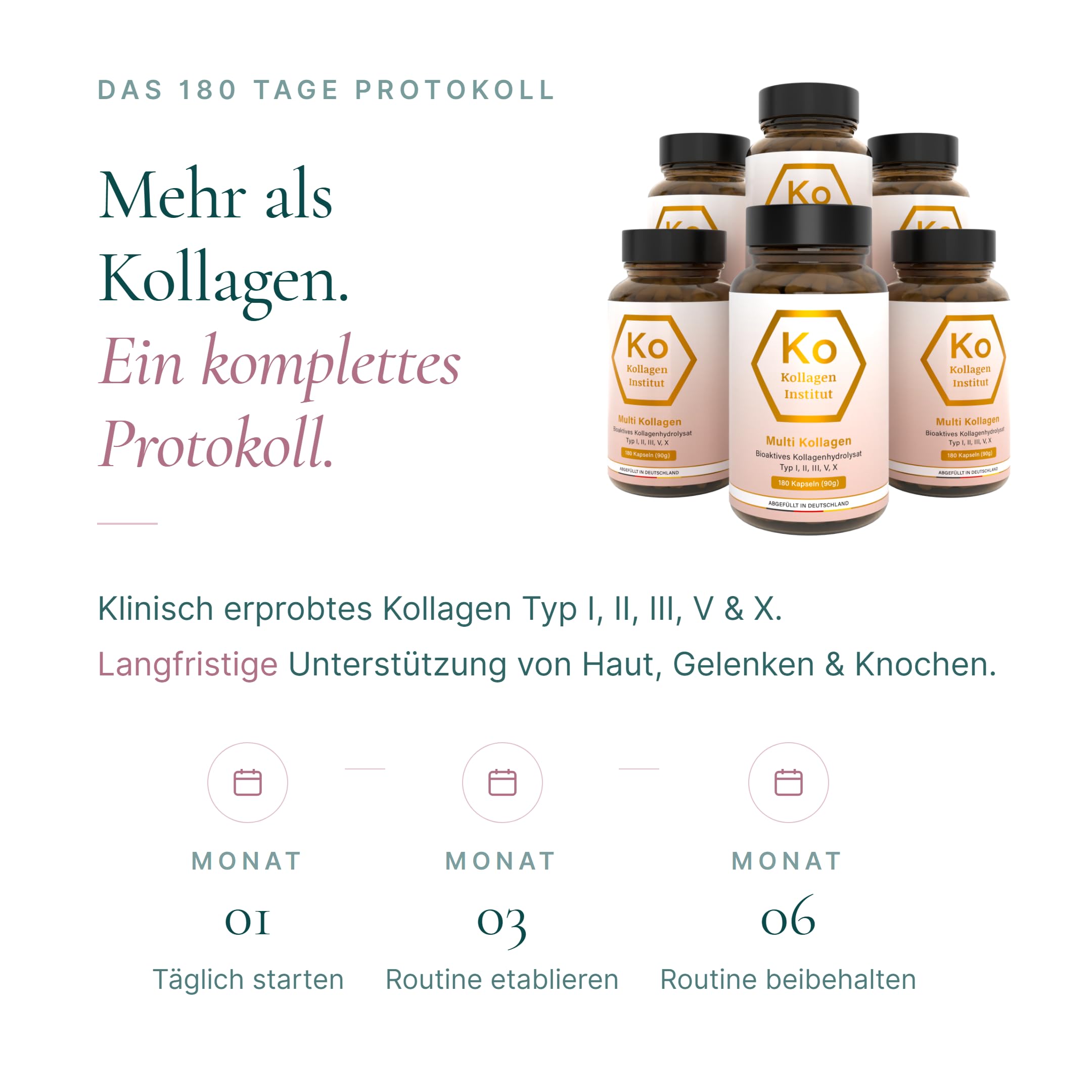Kollagen Institut Multi Kollagen Kapseln - 1080 Kapseln (6 Monate), Hochdosierte bioaktive Kollagenhydrolysat Typen 1 2 3 5 10 für Beauty Haut Haare Gelenke Knochen Nägel Inner Glow