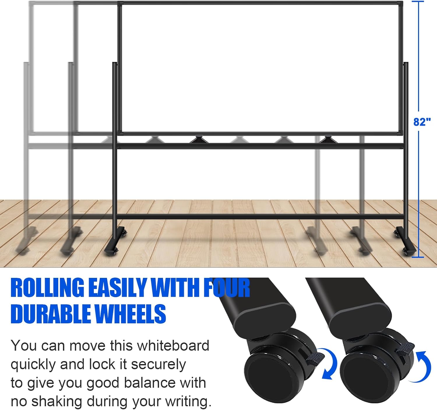 Double-Sided Rolling Whiteboard on Wheels 96x48 with Black Bracket, Large 8'x4' Dry Erase Board with Stand Mobile Whiteboard, Including 2 Erasers,14 Markers, 24 Magnets,1 Magnetic Calendar